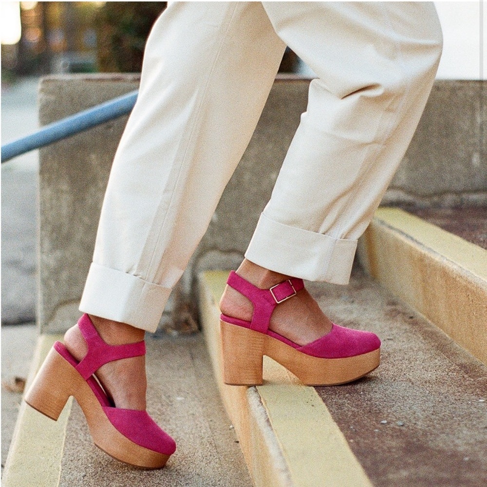 Charlotte Stone Red Suede Platform Clog Sandals with Wood Tone Heel